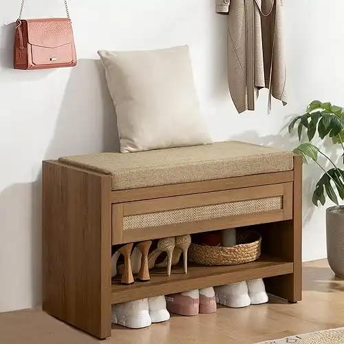 Rattan Shoe Bench Entryway Bench with Storage Drawer